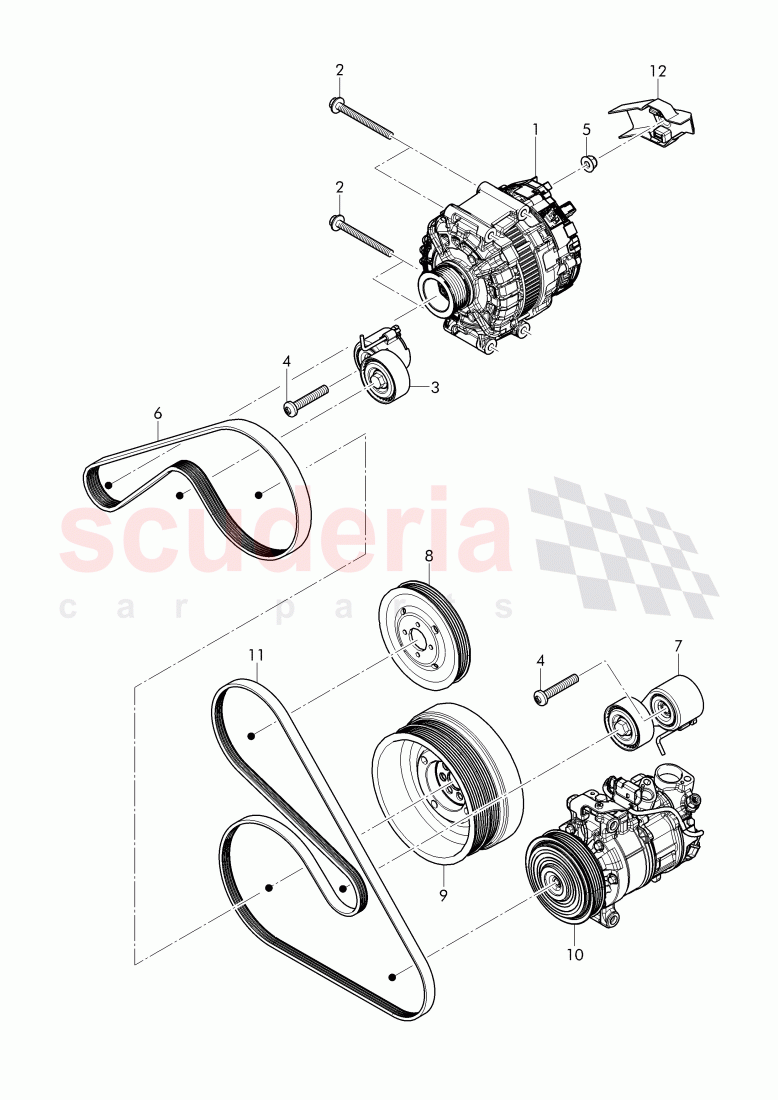 Alternator, connecting and mounting parts, for alternator, v-ribbed belt, tensioning lever with relay, roller of Bentley Bentley Bentayga (2015-2020)