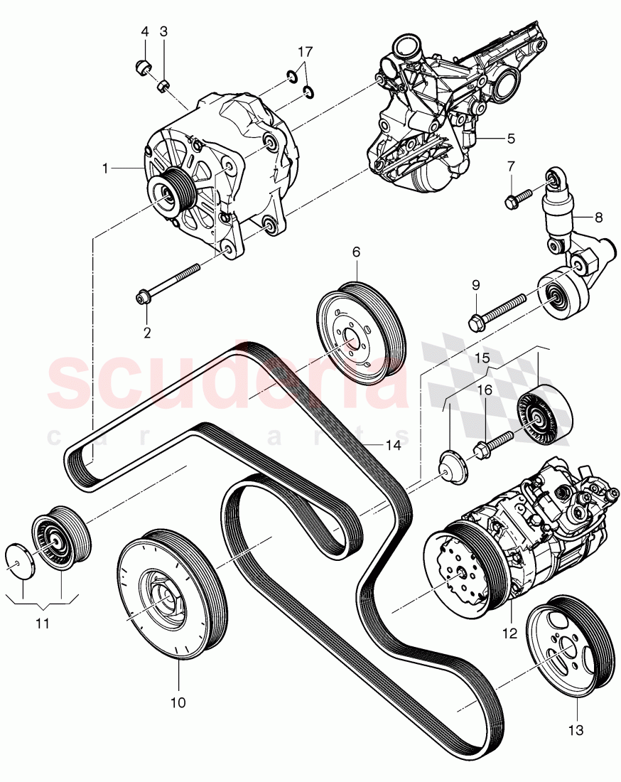 Alternator, connecting and mounting parts, for alternator, v-ribbed belt, tensioning lever with relay, roller, F 3W-D-086 018>>, F ZA-D-086 018>> of Bentley Bentley Continental GTC (2011+)