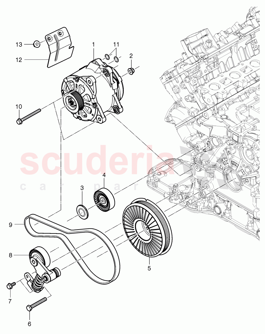 Alternator, connecting and mounting parts, for alternator, v-ribbed belt, tensioning lever with relay, roller, D - MJ 2015>> of Bentley Bentley Continental GTC (2011+)