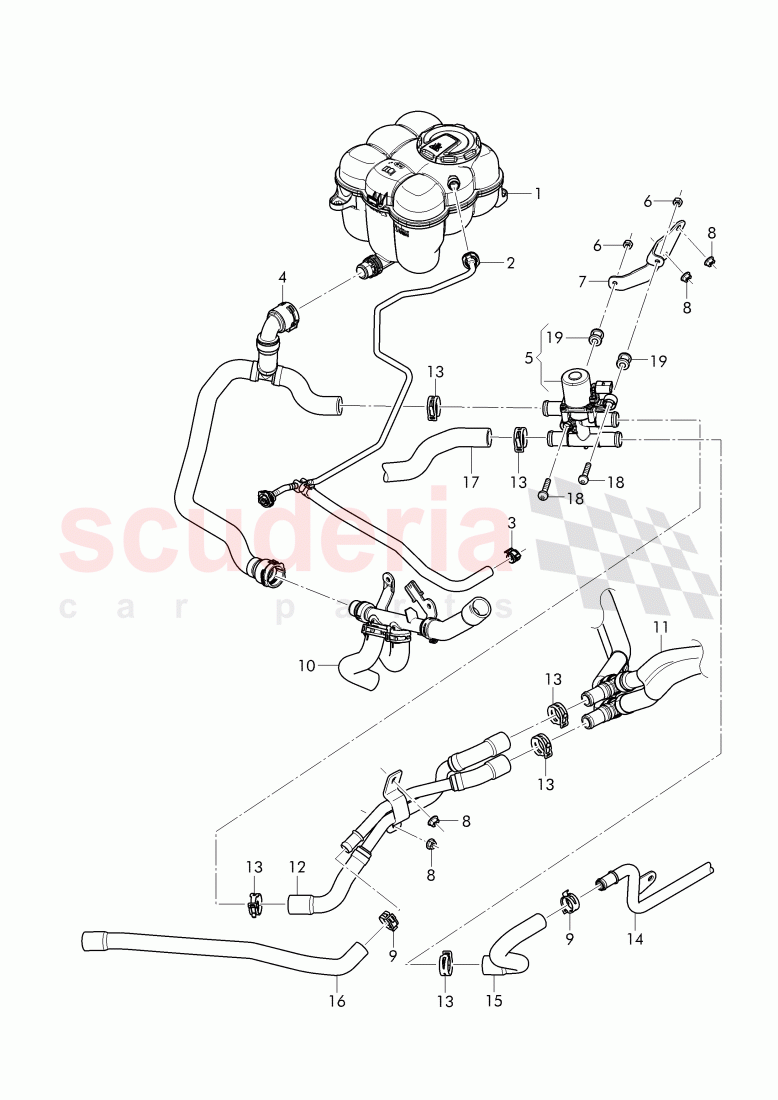 Coolant hoses and pipes, Engine bay, for vehicles with coolant auxiliary heater of Bentley Bentley Bentayga (2015-2020)