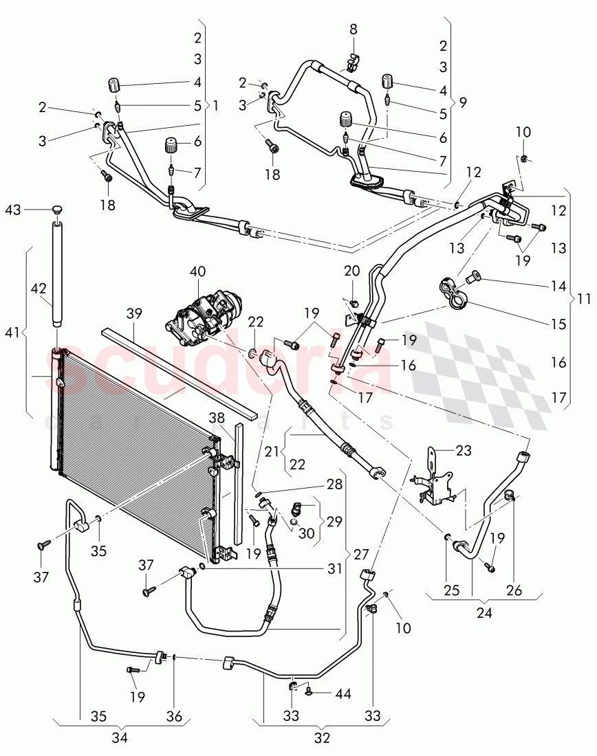 air condtioner condenser, refrigerant circuit, Engine bay, D - MJ 2017>> of Bentley Bentley Continental Flying Spur (2013+)