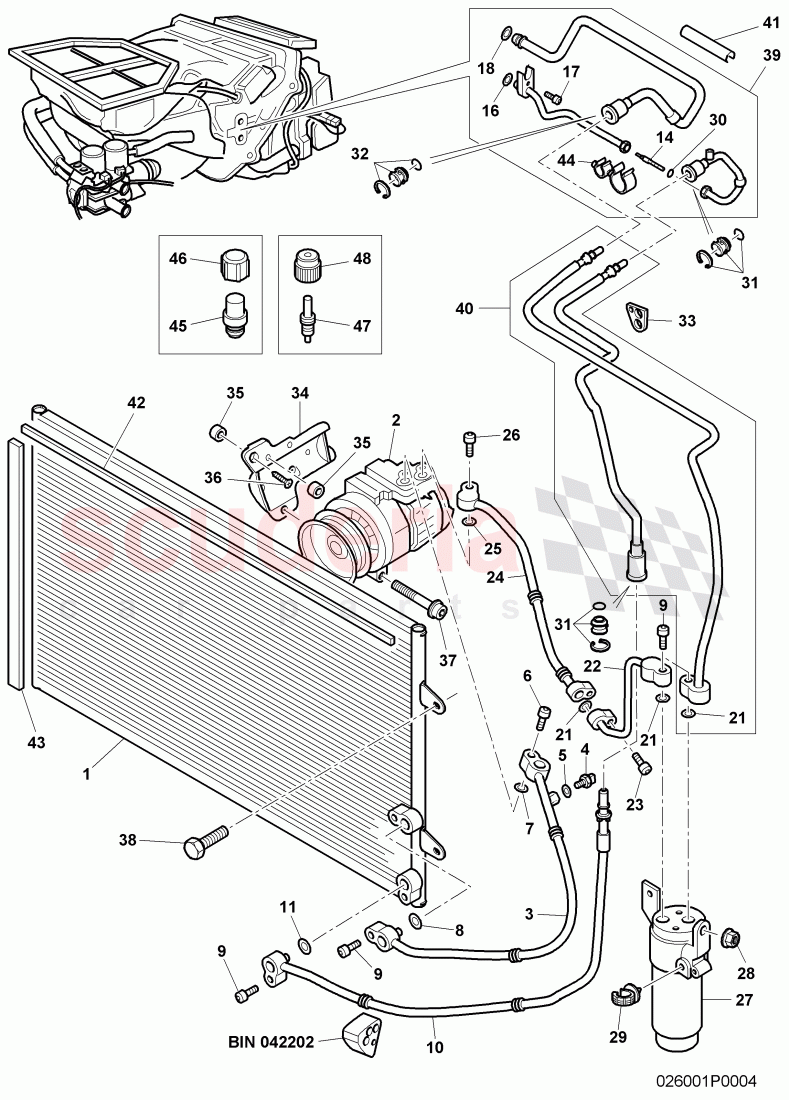 air conditioner compressor, air condtioner condenser, refrigerant circuit, Engine bay, D - MJ 2007>> - MJ 2007 of Bentley Bentley Continental GT (2003-2010)