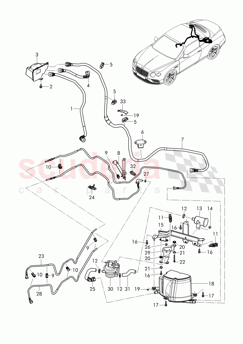 Active charcoal filter with diagnosis pump for fuel delivery system, ventilation for fuel tank of Bentley Bentley Continental Supersports Convertible (2017+)