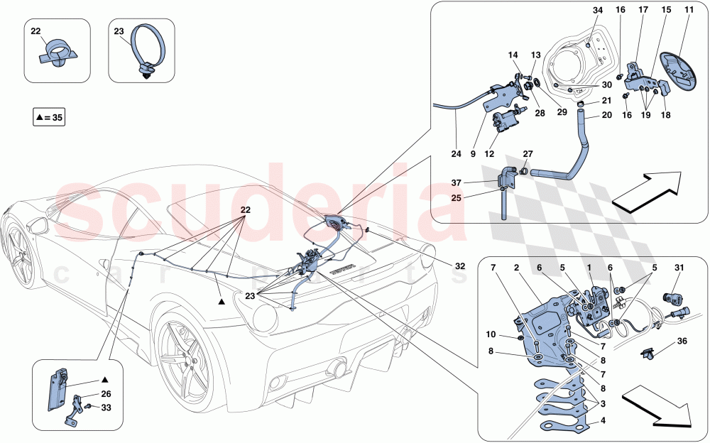 ENGINE COMPARTMENT LID AND FUEL FILLER FLAP OPENING MECHANISMS of Ferrari Ferrari 458 Speciale