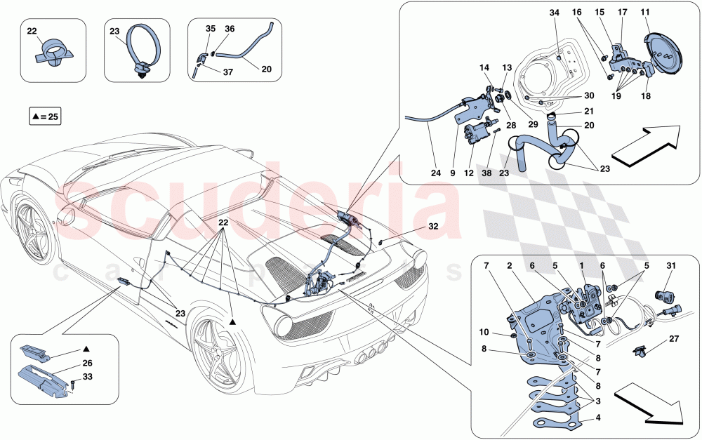 ENGINE COMPARTMENT LID AND FUEL FILLER FLAP OPENING MECHANISMS of Ferrari Ferrari 458 Spider
