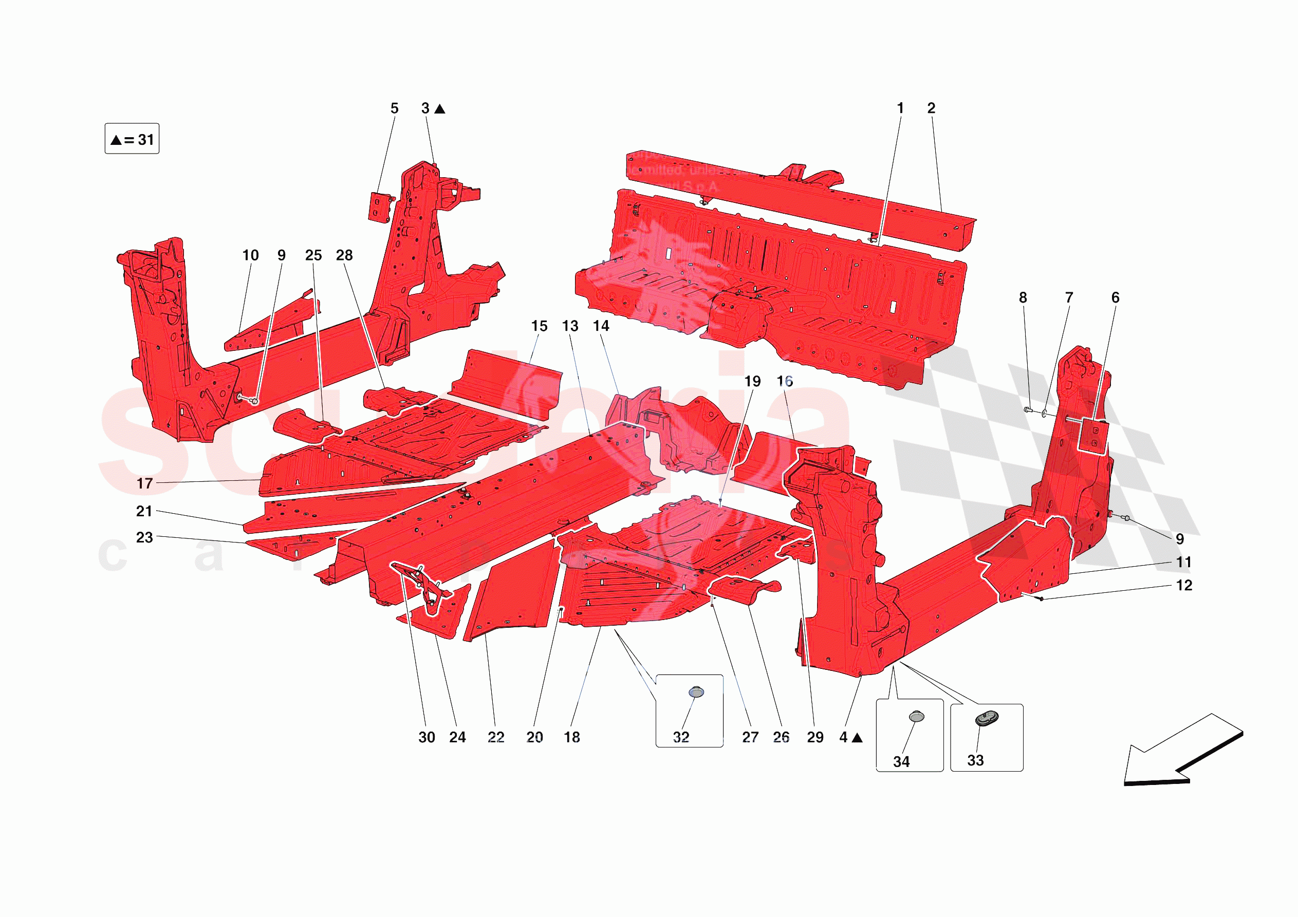 STRUCTURES AND ELEMENTS, CENTRE OF VEHICLE of Ferrari Ferrari 296 GTB Europe