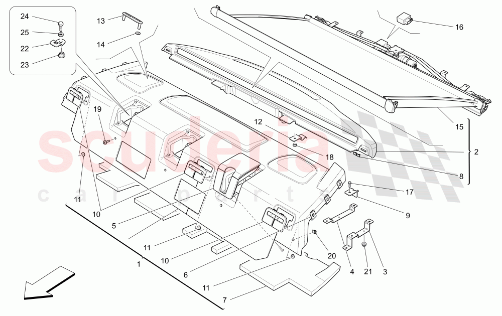 REAR PARCEL SHELF (Available with: REAR SEAT BENCH THREE PLACES HEATEDNot available with: COMFORT-LUXURY REAR SEATS WITH CENTRAL CONSOLE, REAR SEAT BENCH, THREE PLACES) of Maserati Maserati Quattroporte (2013-2016) S Q4