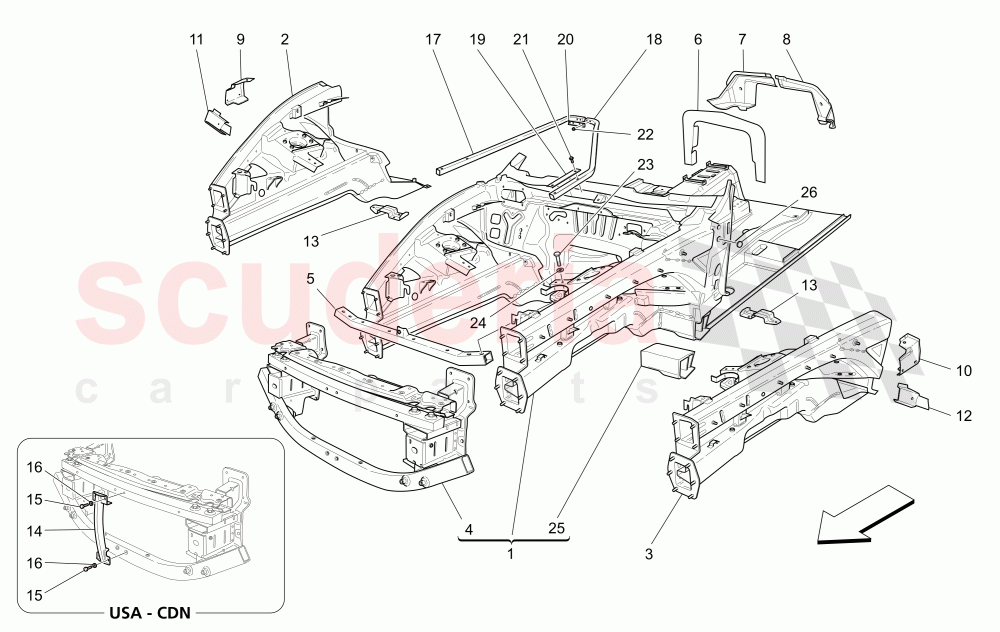 FRONT STRUCTURAL FRAMES AND SHEET PANELS of Maserati Maserati GranCabrio (2013-2015) MC