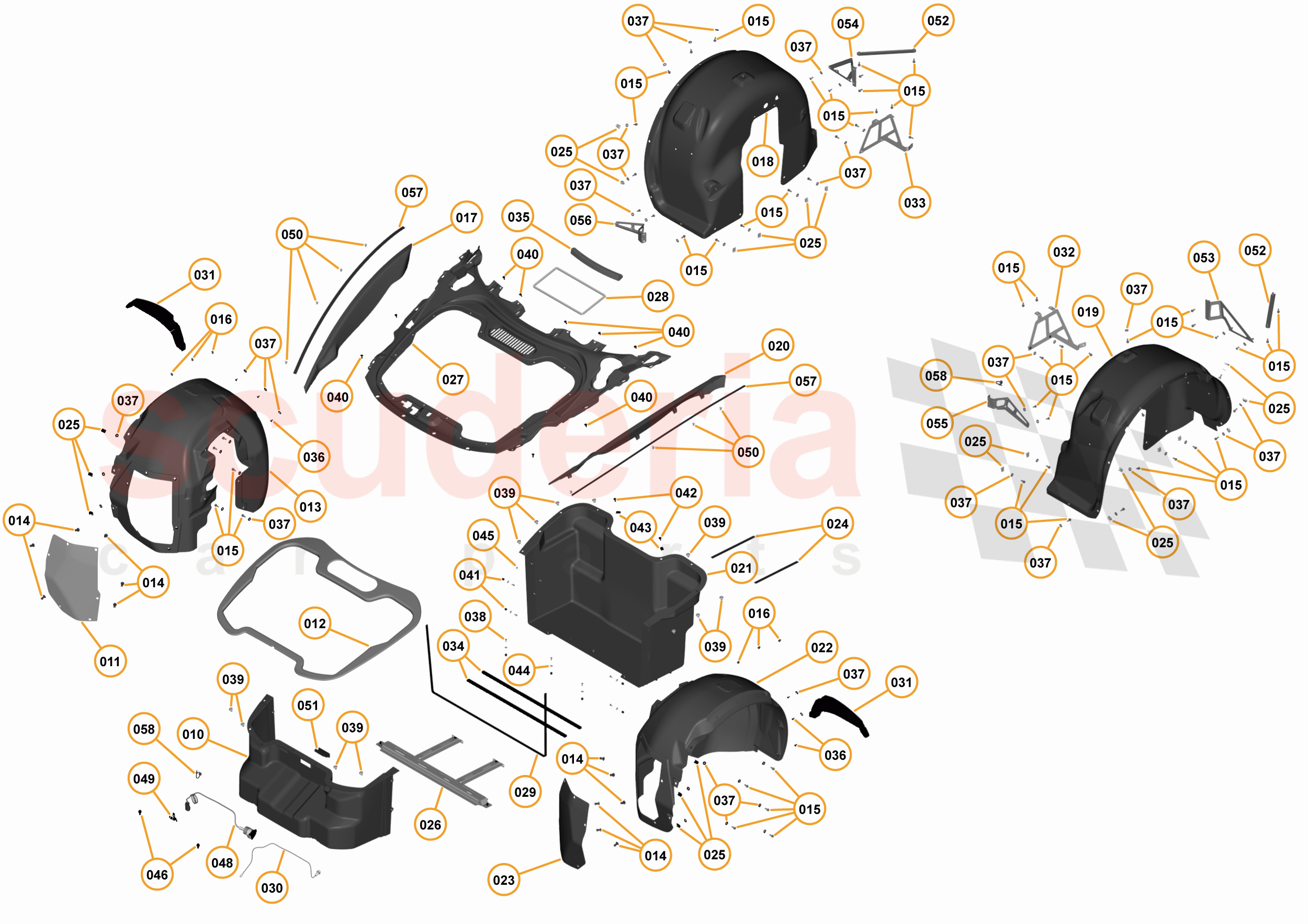 2 - A2 - EXTERIOR TRIM, LIGHTING, AND WIPERS - 2.5 - 03 - LUGGAGE CELL, DUCTS, AND WHEELARCH LINERS of McLaren McLaren 650S Coupe